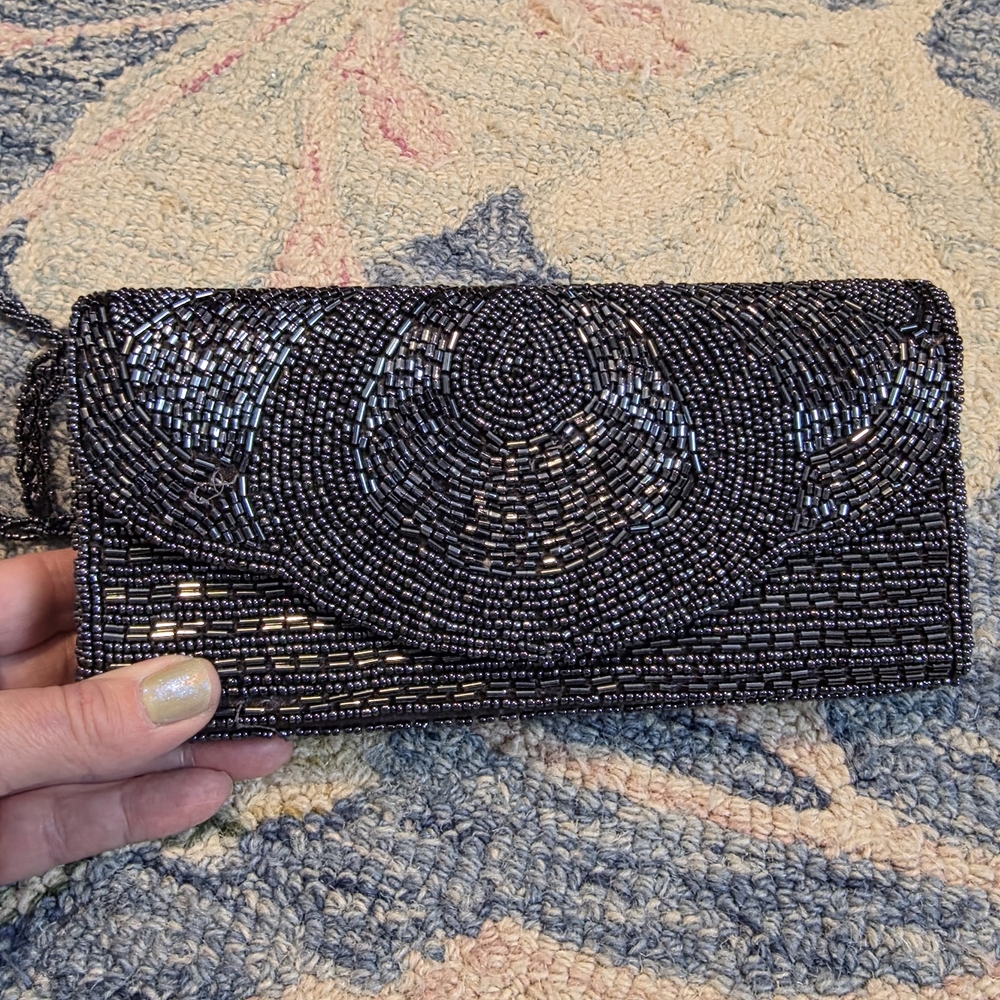 Chic Black Beaded Evening Clutch
